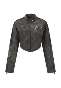 Cropped gray faux leather jacket with a high collar, zip closure, black accent stripes, and embroidered patches on the chest and sleeve.