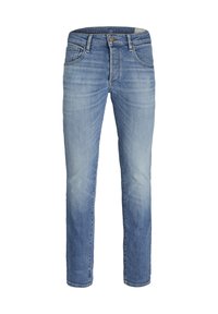 Jeans din denim albastru deschis cu croi drept, cinci buzunare, decolorare subtilă și închidere cu buton. Prezintă cusături contrastante și un tiv standard.