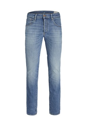 Hellblaue Jeans aus Denim mit geradem Schnitt, fünf Taschen, dezentem Ausbleichen und einem Knopfverschluss. Verfügt über kontrastierende Nähte und einen klassischen Bund.