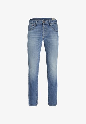 Hellblaue Jeans aus Denim mit geradem Schnitt, fünf Taschen, dezentem Ausbleichen und einem Knopfverschluss. Verfügt über kontrastierende Nähte und einen klassischen Bund.