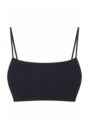 Czarny biustonosz bandeau z cienkimi ramiączkami, gładki, elastyczny materiał, minimalne szwy i brak widocznych elementów metalowych lub ozdób.