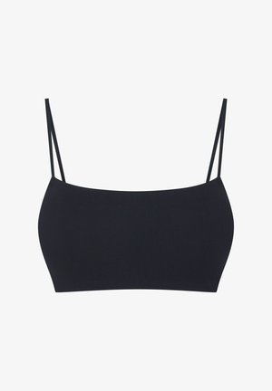 Schwarzes Bralette mit dünnen Trägern, glattem, dehnbarem Material, im Bandeau-Stil, minimalen Nähten und ohne sichtbare Hardware oder Verzierungen.