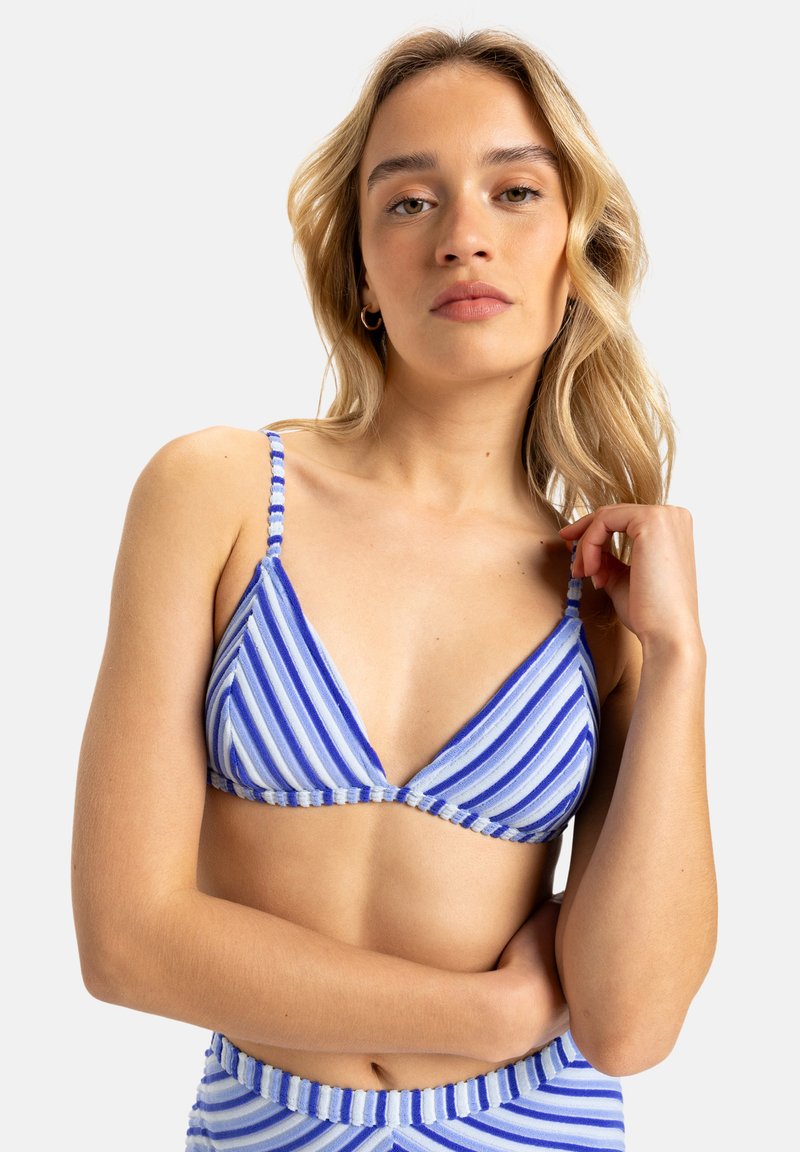 Blue and white striped triangle bikini top with thin straps and textured fabric. Features a triangular shape with a clean finish.