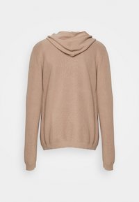 Beżowy, dziany hoodie o teksturowanym wykończeniu, z długimi rękawami i zaokrąglonym kapturem. Ściągacze u dołu i na mankietach, minimalne detale.