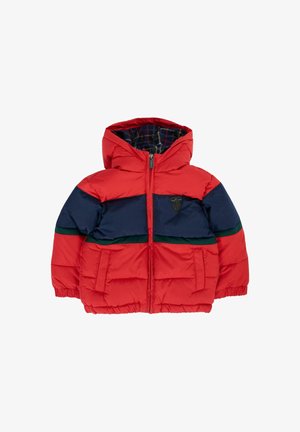 Giacca imbottita a blocchi di colore rossa e blu navy con strisce verdi, cerniera frontale, cappuccio e tasche, foderata in tessuto scozzese.