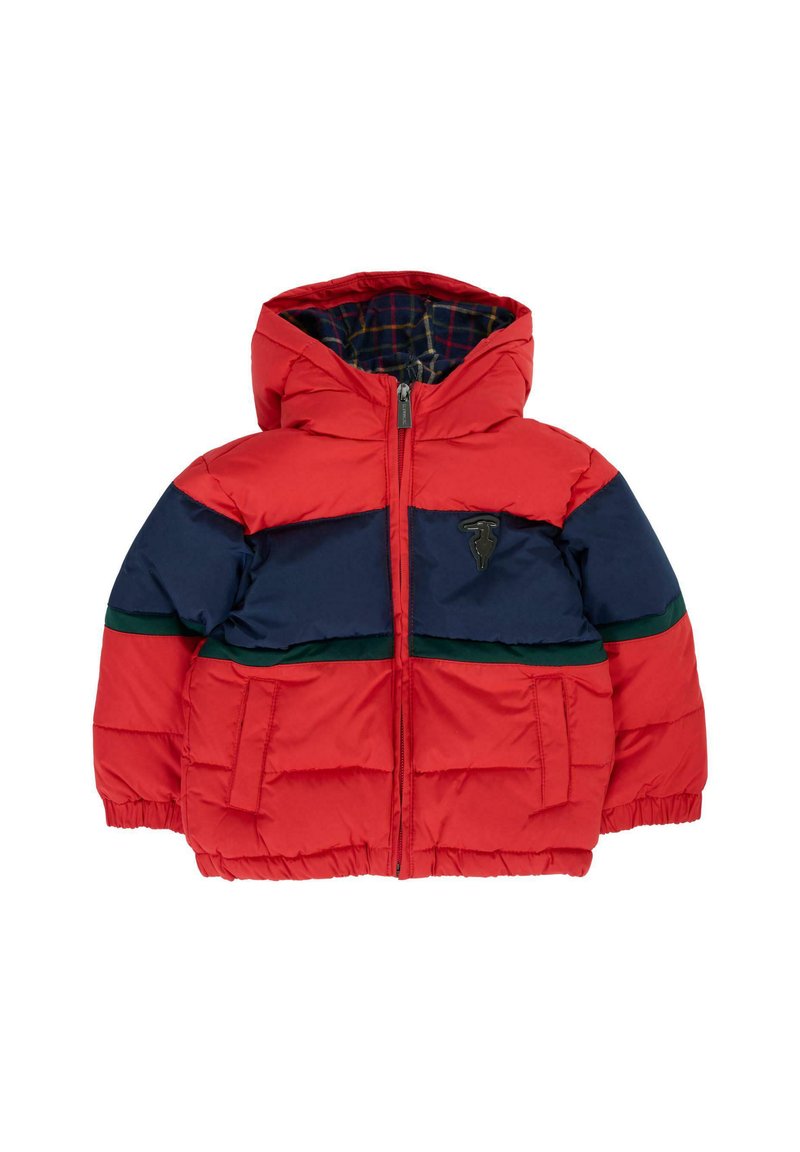 Giacca imbottita a blocchi di colore rossa e blu navy con strisce verdi, cerniera frontale, cappuccio e tasche, foderata in tessuto scozzese.
