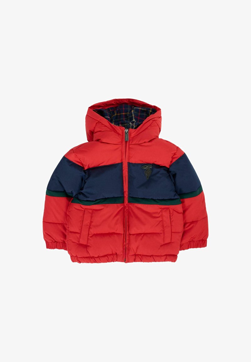 Czerwono-granatowa, pikowana kurtka w blokach kolorów z zielonymi paskami, z zamkiem z przodu, kapturem i kieszeniami, podszewka w kratę.