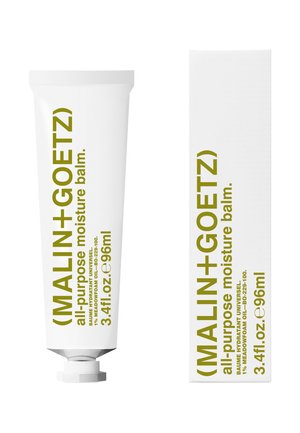 (MALIN+GOETZ) Allzweck-Feuchtigkeitsbalsam in Tube und Verpackung, weiß mit olivgrüner Schrift, Inhalt 3,4 fl. oz (96 ml), aufrecht stehend.