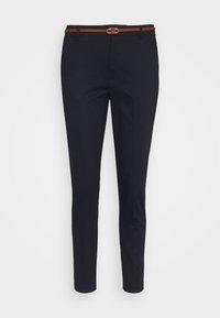 Navy trousers with a slim fit, constructed from stretch fabric. Features a brown belt with a metal buckle and front pockets.