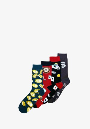 Quattro paia di calzini: verde scuro con monete, rosso con una ruota della fortuna, nero con carte da gioco e grigio scuro con simboli del dollaro. Materiale in cotone.
