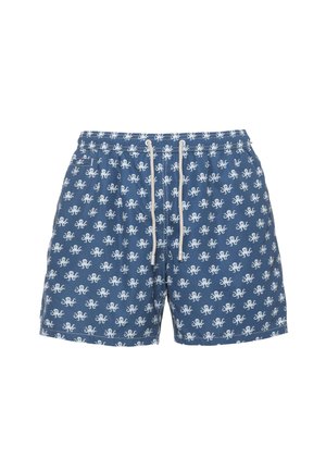 Pantaloncini da bagno blu con motivo a polpo bianco, coulisse frontale e una piccola tasca laterale a sinistra.