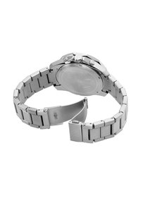Orologio in acciaio inossidabile argentato con bracciale a maglie, dotato di cassa rotonda, numerosi pulsanti e fondo circolare liscio.