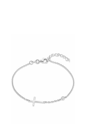 Bracelet délicat en chaîne d'argent avec un charme croix horizontale et un petit cristal rond près du fermoir sur un fond blanc.