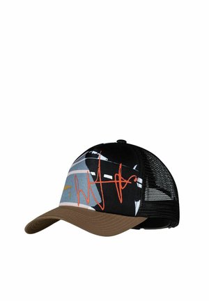 Baseballkappe mit braunem Schirm, schwarzem Mesh-Rücken und abstraktem schwarz-blau-weißem Frontpanel mit rotem Krickel-Design.