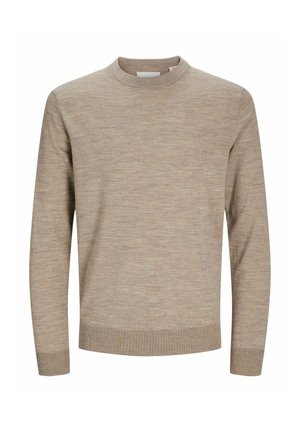 Pull beige avec un col rond, des manches longues, des poignets et un ourlet côtelés, fabriqué en tissu léger et doux avec une finition texturée.