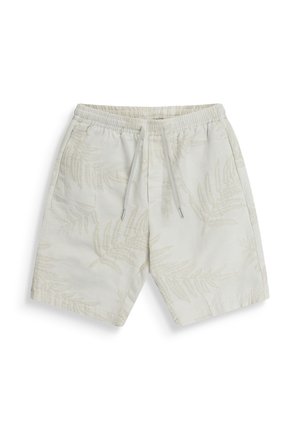 Shorts décontractés beige clair avec taille élastique, cordon, poches latérales et motif subtil de feuilles de fougère.
