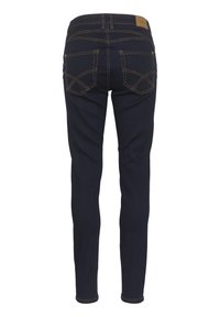 Tmavě modré skinny džíny s hladkou texturou, zdobené kontrastním zlatým prošíváním a designem se dvěma kapsami na zadní straně.