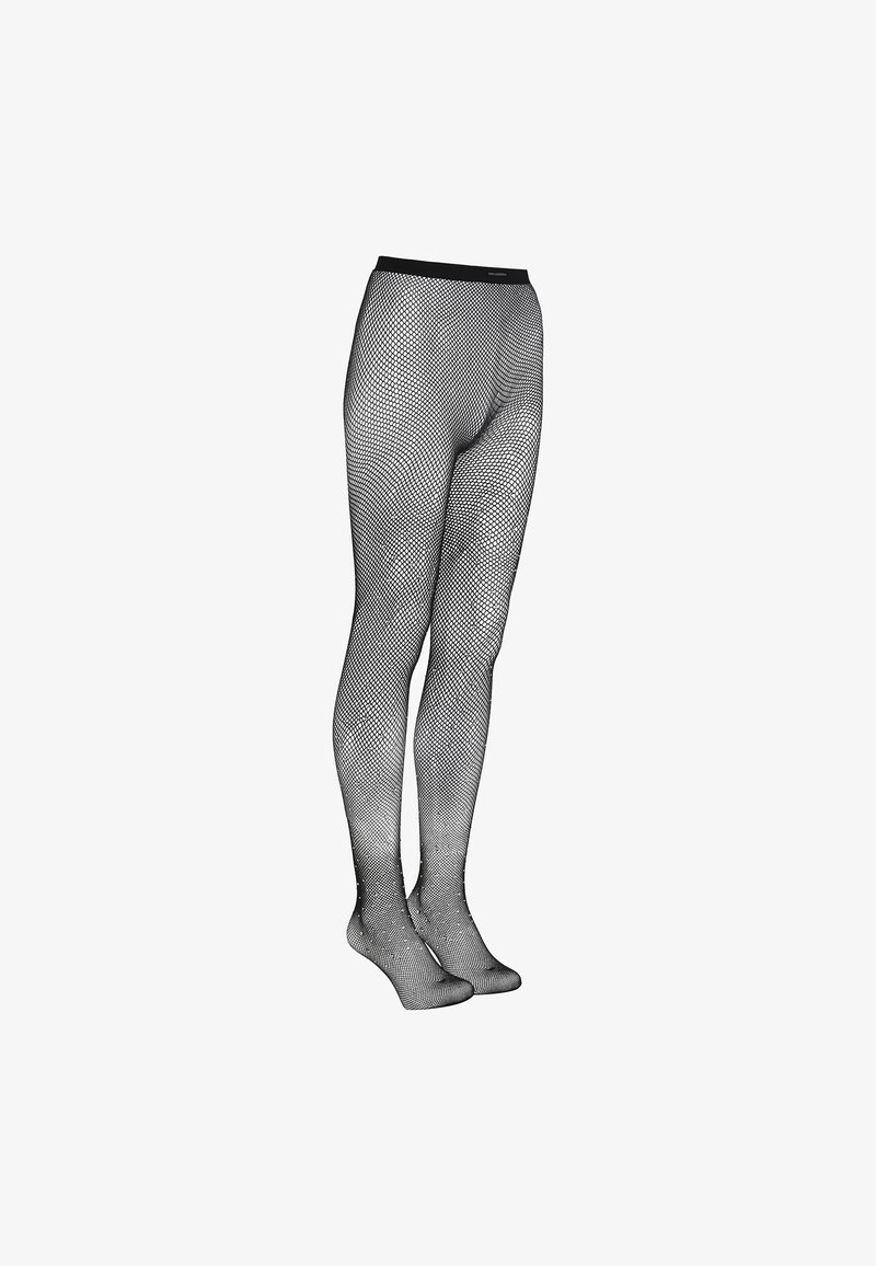 Collant in rete nera con un motivo testurizzato, materiale trasparente e una vita elastica. Caratterizzati da una copertura completa delle gambe e un design con punta aperta.