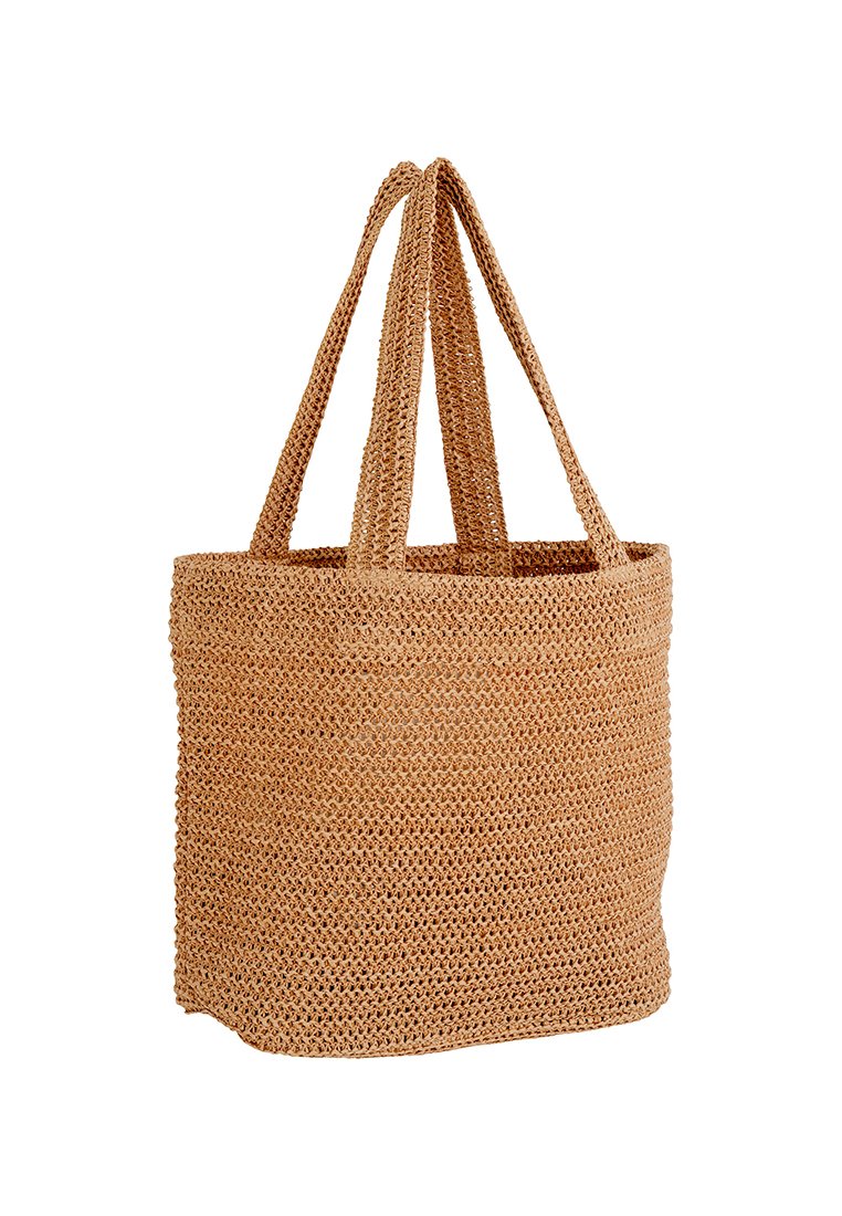 Sac fourre-tout en paille tissée de couleur beige avec deux poignées solides et une forme rectangulaire. Il présente un haut ouvert et une surface texturée.