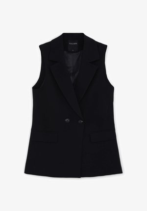 Ärmellose schwarze Weste mit tailliertem Design, Reverskragen, doppelter Knopfleiste und zwei Vordertaschen. Glatte Textur, ohne Muster.