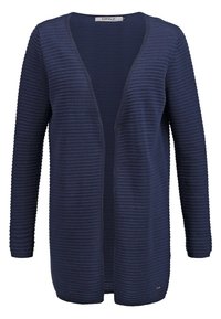 Cardigan en maille côtelée bleu marine, à manches longues, ouvert sur le devant, avec un ourlet droit et sans fermetures visibles.