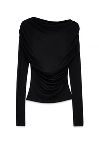 Zwarte longsleeve top met een gedrapeerde halslijn en geplooide details aan de voorkant, gemaakt van een zachte, rekbare stof.