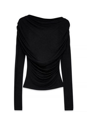 Čierny top s dlhým rukávom, ktorý má voľný výstrih a zhromaždené detaily vpredu, vyrobený z mäkkej a elastickej látky.