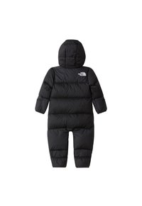 Black puffer snowsuit with a hood, quilted design, and elastic cuffs. Features a small white logo on the upper back. Soft material.