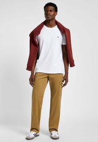 T-shirt bianco con piccolo logo, abbinato a pantaloni cargo marroni e una felpa bordeaux appoggiata sulle spalle. Scarpe da ginnastica grigie e nere.