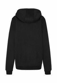 Felpa nera con cappuccio caratterizzata da una texture morbida, polsini a costine e un orlo dritto, dal design minimalista e senza loghi o fantasie visibili.