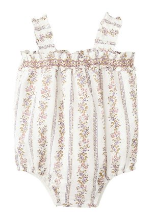 Combinaison blanche pour bébé avec des rayures florales verticales en rose et marron, avec des bretelles volantées et des ouvertures élastiques aux jambes.