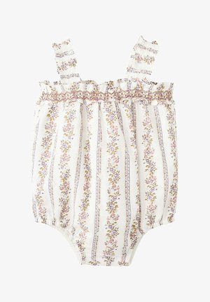 Combinaison blanche pour bébé avec des rayures florales verticales en rose et marron, avec des bretelles volantées et des ouvertures élastiques aux jambes.