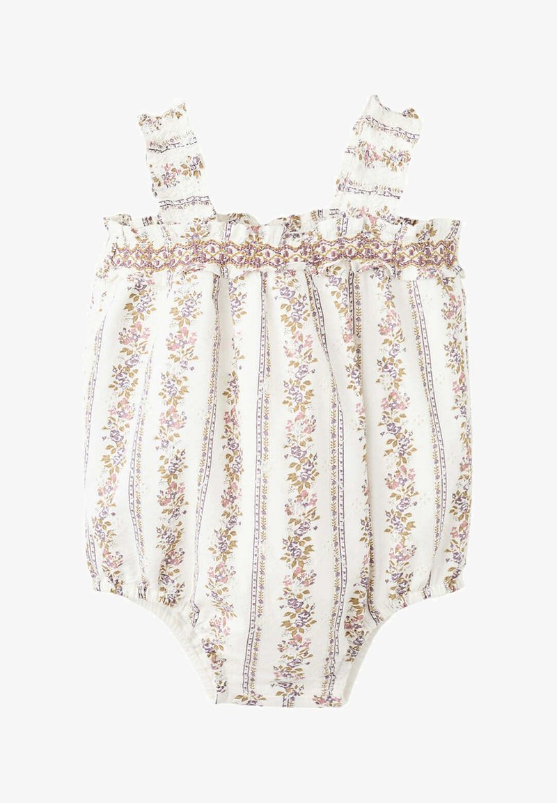Combinaison blanche pour bébé avec des rayures florales verticales en rose et marron, avec des bretelles volantées et des ouvertures élastiques aux jambes.