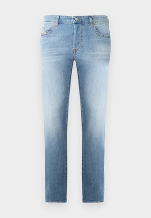 Light blue denim jeans with a slightly faded finish, straight leg design, five-pocket style, and metal button closure at the waistband.