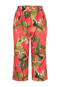 Pantalon ample avec taille élastique, présentant un motif de feuilles tropicales éclatant en rouge, vert et corail.