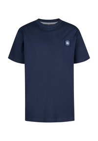 Navyblauwe korte mouwen T-shirt van katoen, met een klein vierkant logo op de linkerbovenborst en een ronde hals. Soepele textuur, eenvoudig ontwerp.