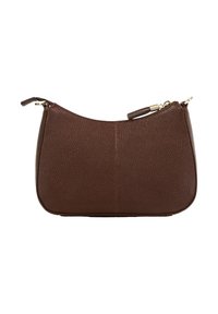 Borsa a mano in pelle marrone con una finitura testurizzata, forma curva, chiusura con zip superiore e manico corto. Design semplice con hardware minimal.