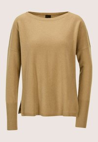 Beige Strickpullover mit langen Ärmeln, gerippten Bündchen und seitlichen Schlitzen, runder Ausschnitt und lockerer Passform.