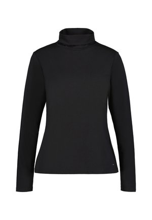 Top nero a maniche lunghe con collo alto, vestibilità slim e design semplice, mostrato su sfondo bianco.
