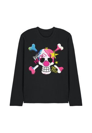 Black long-sleeve shirt with colorful skull and crossbones graphic, featuring text "Buggy Pirates" and "One Piece" on the front.