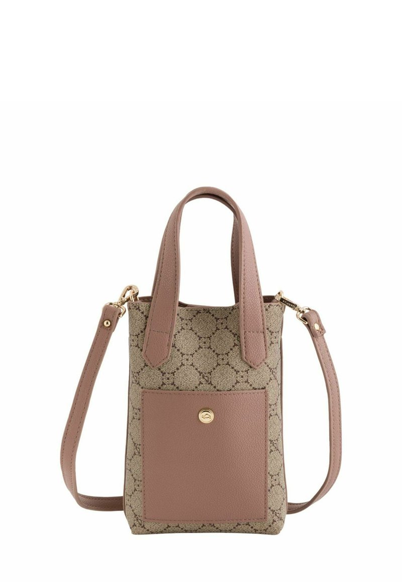 Liten tote-väska med en strukturerad beige tyg med ett brunt logomönster, rosa läderdetaljer, korta handtag och ett avtagbart band.
