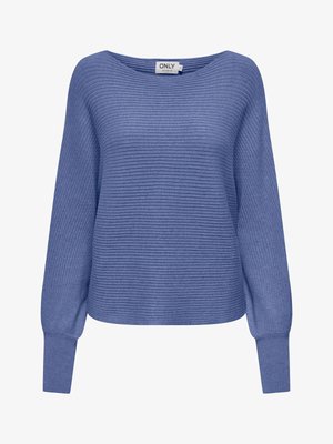 Modrý žebrovaný pletený svetr se širokým výstřihem, volným střihem a dlouhými rukávy. Má horizontální pruhy a přiléhavé manžety.
