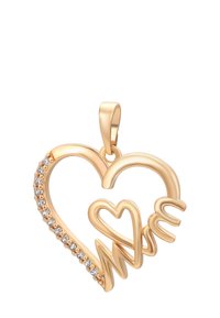 Guld hjerteformet vedhæng med den ene side dekoreret med små diamanter og "MOM" indarbejdet i designet.