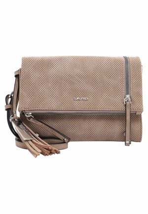 Beige perforated leather crossbody bag with silver zippers, tassel detail, and detachable strap, branded SURI FREY on front.