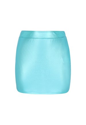 A shiny, turquoise mini skirt made from a smooth material, featuring a high waist and a fitted silhouette with clean edges.