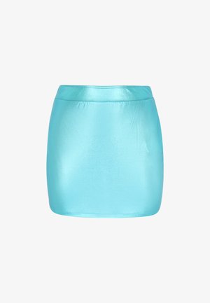 Särav türkiissinine mini seelik, mis on valmistatud siledast materjalist, millel on kõrge vöökoht ja keha lähedane siluett puhaste äärtega.