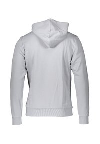 Felpa grigia con cappuccio, caratterizzata da una trama liscia, maniche lunghe, polsini e orlo a costine, e un logo vicino al fondo.