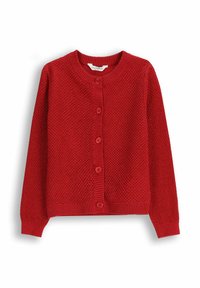 Czerwony dzianinowy kardigan wykonany z teksturowanej przędzy, z okrągłym dekoltem i pięcioma dopasowanymi guzikami z przodu. Długie rękawy z prążkowanymi mankietami.