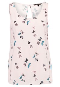 Blusa senza maniche rosa con stampa a farfalla in blu, rosa e nero su un tessuto liscio, con dettaglio a chiave sul retro.