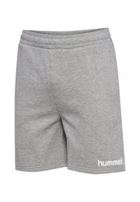 Grå idrottsbyxor i mjukt material, med elastisk midja och en vit logga på den nedre vänstra sidan.